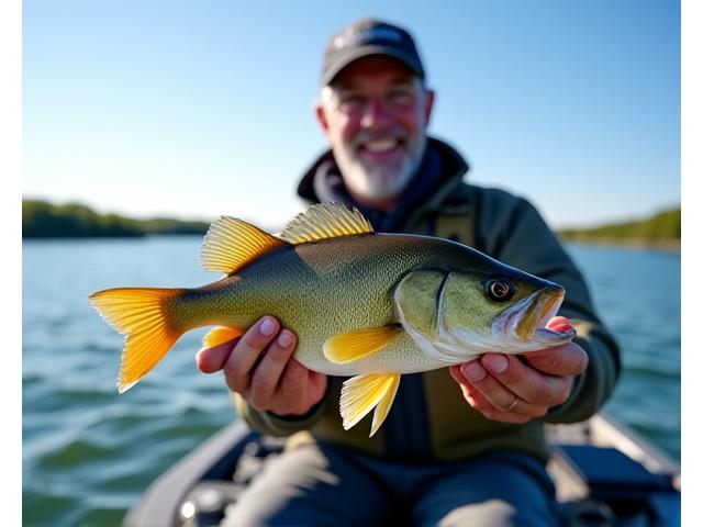 A proud fisherman holding a freshly caught walleye on a boat on the Ottawa River.