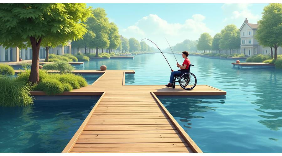 An accessible fishing dock with a smooth ramp leading to it, a wheelchair-user happily fishing, emphasizing barrier-free access.