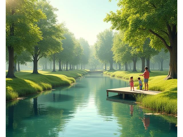 A small, calm pond in a city park setting, with a family fishing from the bank, highlighting accessible and family-friendly urban fishing.