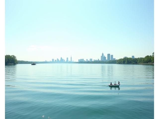 A wide view of the Ottawa River with a fishing boat in the foreground and a distant city skyline, showcasing urban river fishing.