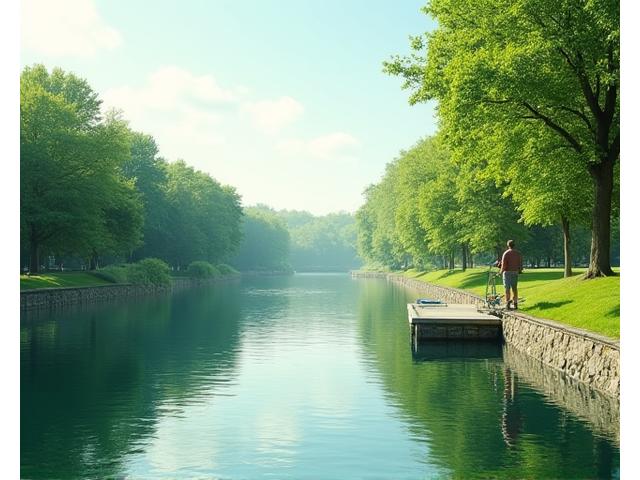 A serene view of the Rideau Canal with a lone angler fishing from a stone bank, surrounded by lush greenery and calm water.
