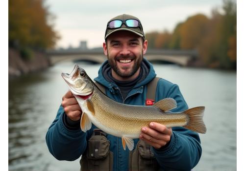 A happy angler proudly holding a freshly caught fish, with an urban waterfront in the background, symbolizing successful urban fishing.
