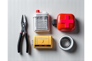 A small backpack containing fishing safety essentials: line cutters, needle-nose pliers, first-aid kit, and a small net.