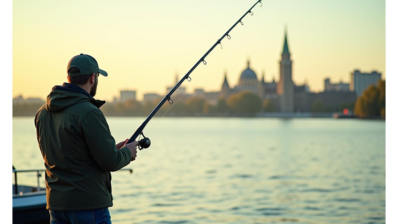 An angler with a fishing rod silhouetted against the Ottawa skyline, showcasing urban fishing against a backdrop of city buildings and natural water.