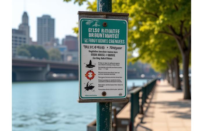A clear sign displaying urban fishing regulations, alongside a lifebuoy for safety, near a city waterfront.