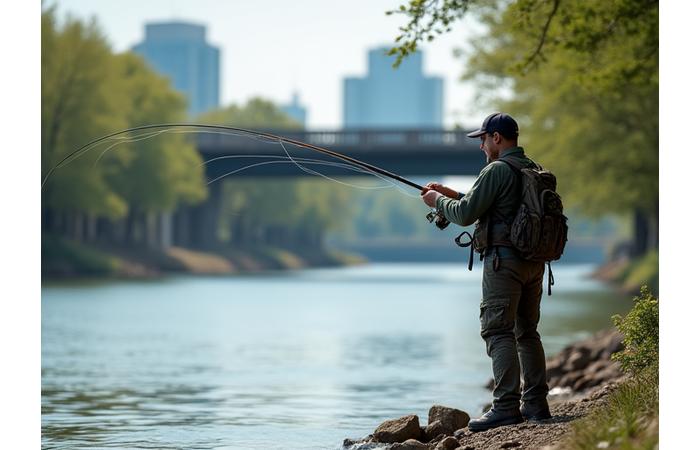 An angler casting a line into urban waters, focusing on the technique of the cast with city buildings in the soft background.