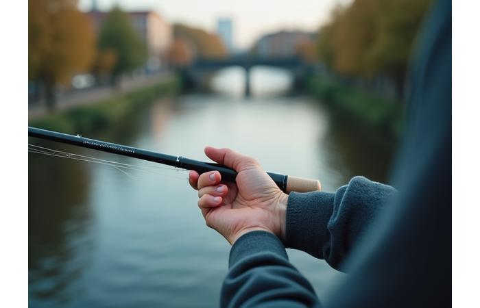 A close-up of an angler's hands holding a fishing rod, with the background blurred to suggest focus and tranquility by urban water, emphasizing mental wellness.