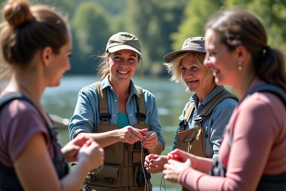 Group of women learning fishing knots at an outdoor workshop, engaged and smiling.