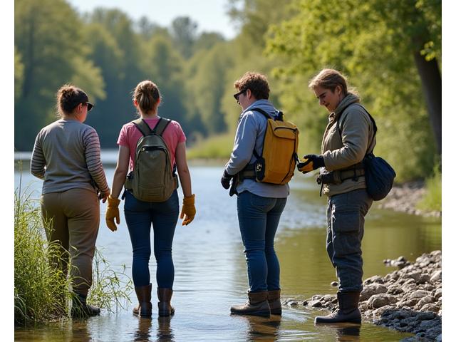 Group of women participating in a river clean-up, demonstrating conservation ethics.
