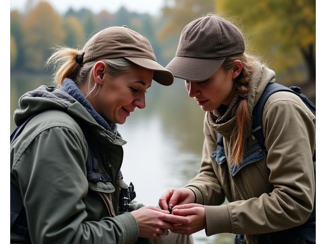 An experienced female angler mentoring a newer angler by a riverbank.