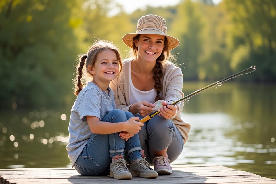 Mother and daughter fishing together from a dock, smiling and interacting.