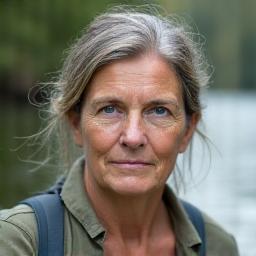 Portrait of Dr. Maria Rodriguez, an environmental conservationist, by a lake.
