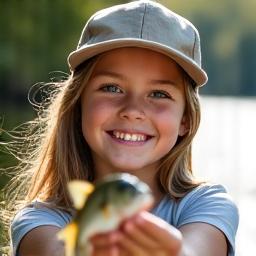 Portrait of Liam Chen, a young female angler holding a small fish with a proud smile.
