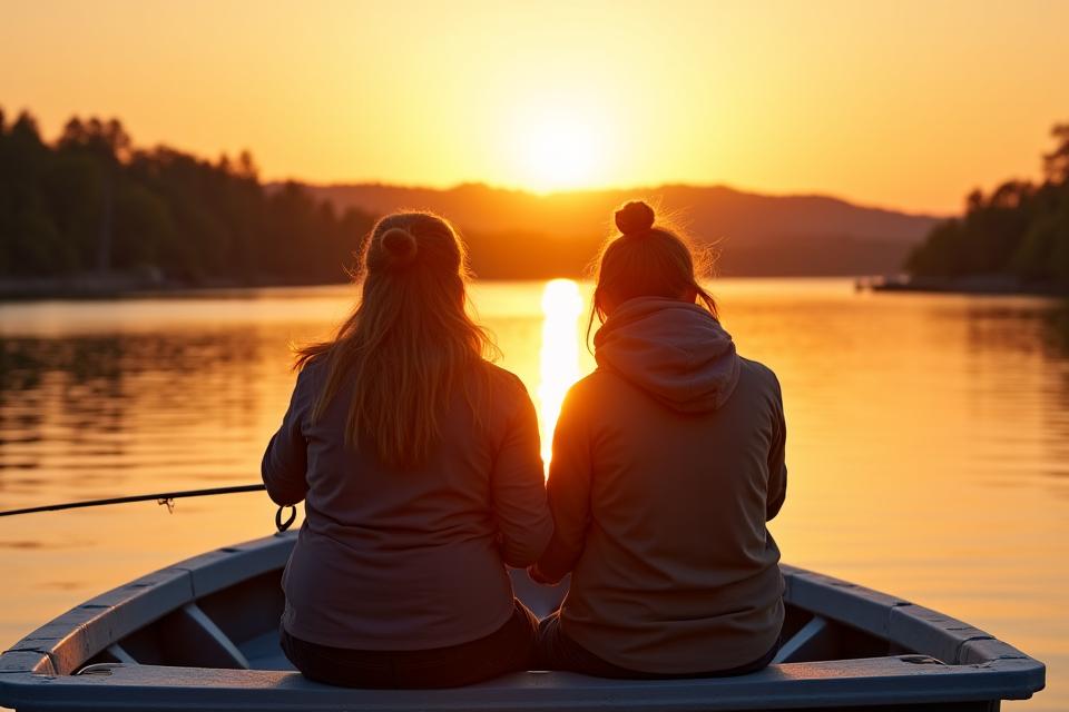 Two women fishing together from a boat at sunset, emphasizing companionship.