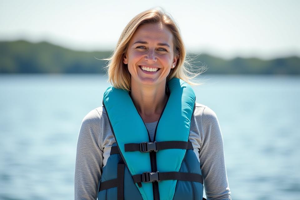 Woman demonstrating proper use of a comfortable, fitted life vest on a boat.