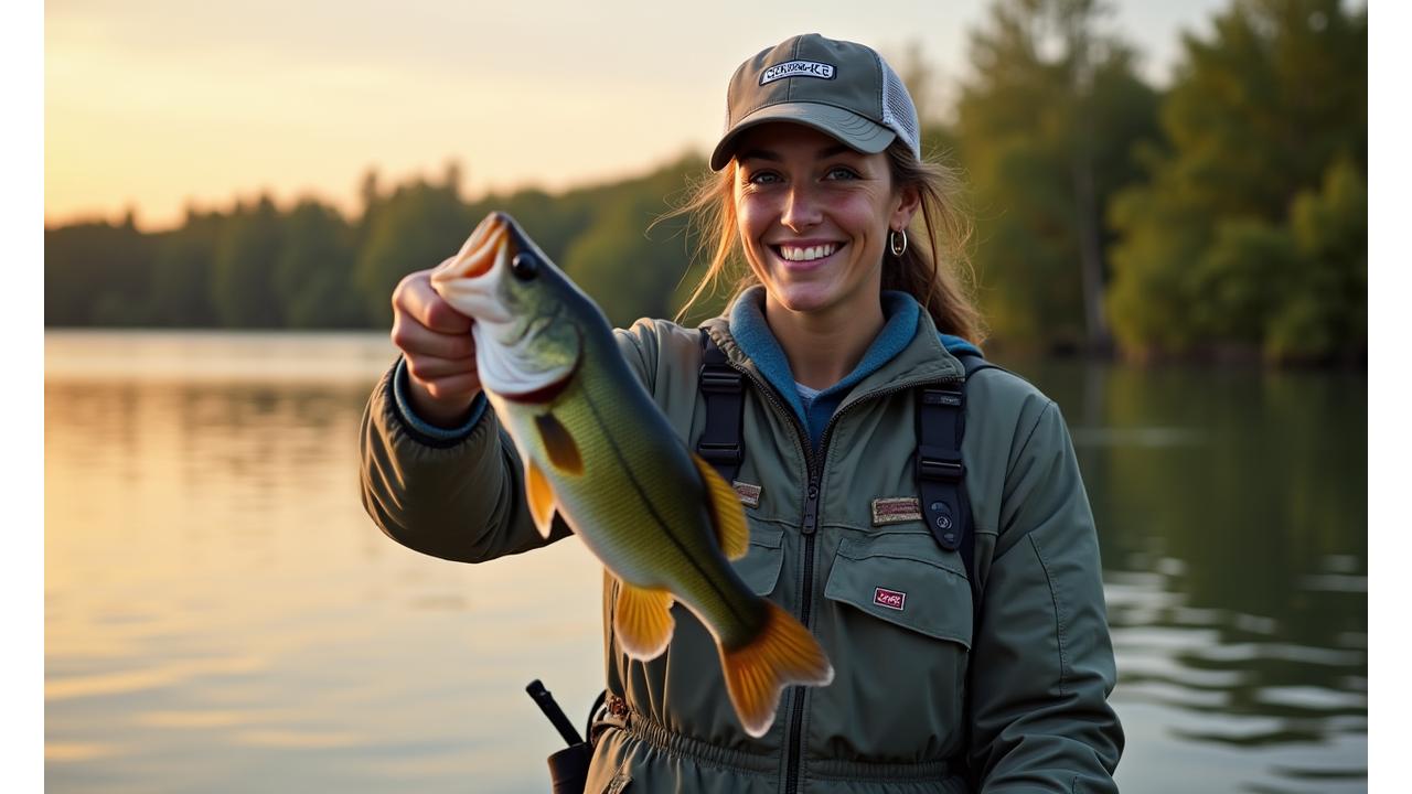 Female angler proudly holding a fish on an Ottawa-area river, surrounded by nature.