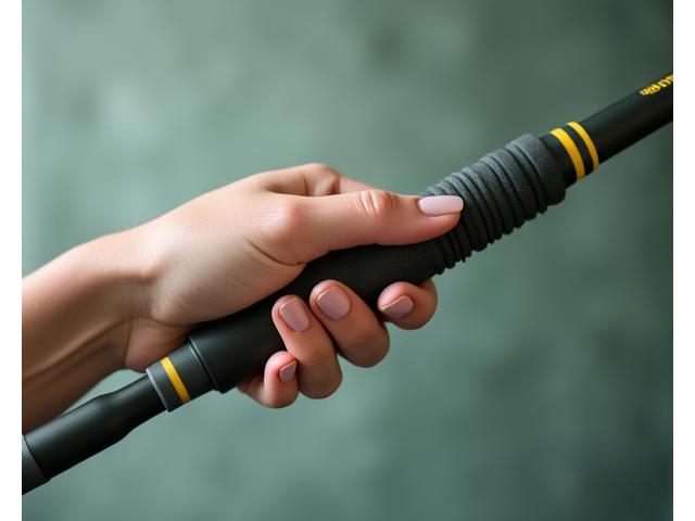 Close-up on a women's fishing rod with an ergonomic grip, designed for smaller hands.