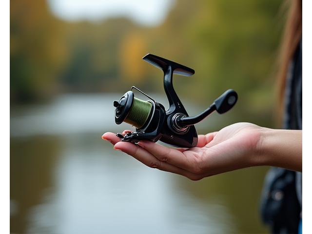 Lightweight fishing reel designed for comfortable use, held by a woman's hand.