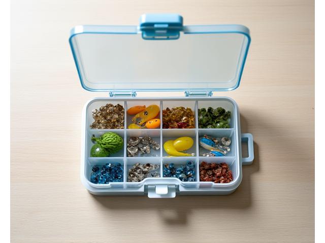 Open tackle box with neatly organized fishing lures and accessories, designed for efficiency.